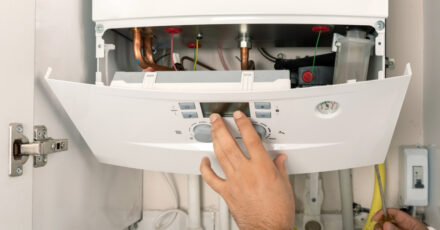 Técnico manipulando el panel de control de una caldera de gas con el frontal abierto